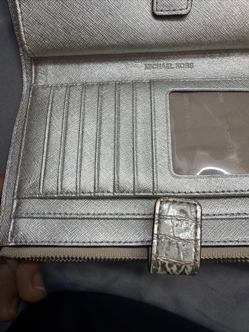 Michael Kors Metallic silver patent leather Croc-Embossed Zip Wallet clutch - Picture 11 of 16
